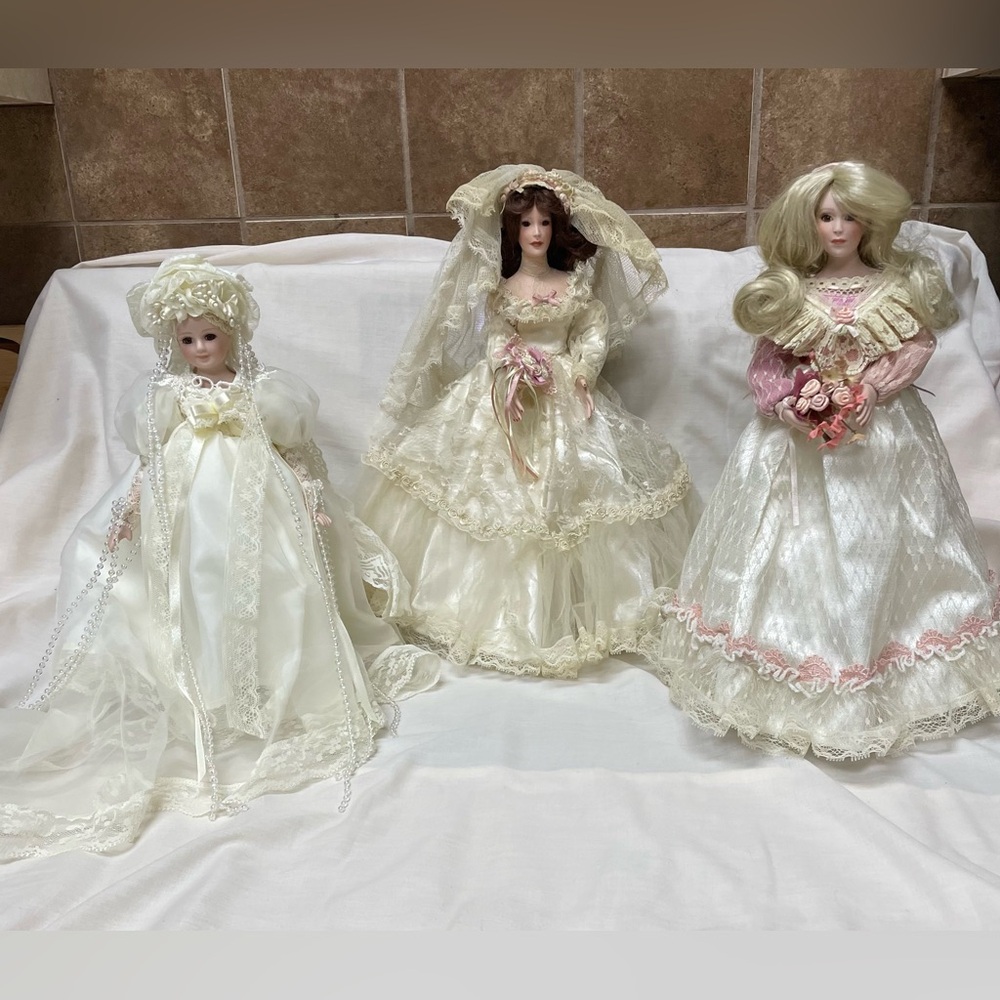Set of 3 Elegant Porcelain Dolls, 2 Brides & Bridesmaid.